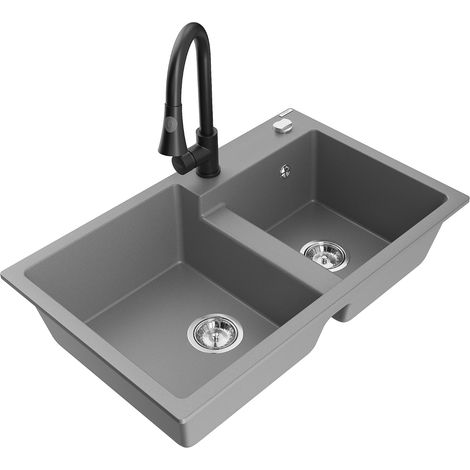 Mexen Tomas 2-Becken-Granitspüle mit Mischbatterie Elia, Grau - 6516-71-670101-70 (1/5)
