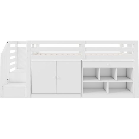 Letto a soppalco multifunzione per bambini in legno bianco 90 x 200 cm con scala e contenitori (1/5)