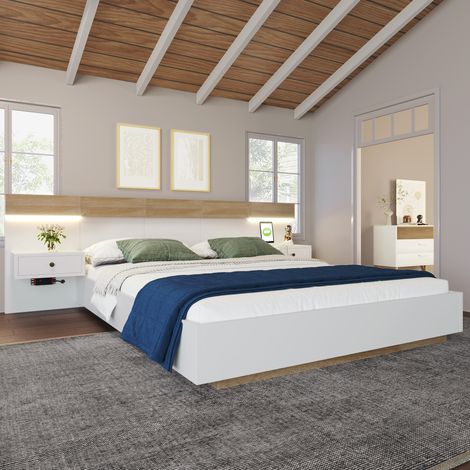 Cama matrimonial 140x200 cm con 2 mesitas LED y toma USB-C blanco roble Sonoma (1/5)
