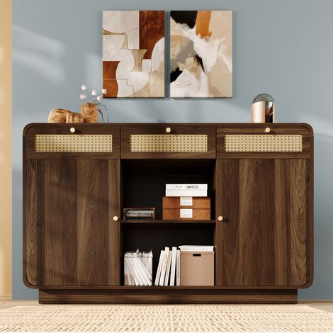 Credenza 120 x 40 x 85 cm, 3 cassetti, 2 ante, ripiano aperto, noce OKMYHOME (1/5)