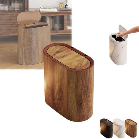 Petite poubelle de salle de bain avec couvercles, en plastique marbré et bois, petite poubelle avec couvercle, corbeille à déchets moderne pour cuisine, salon, salle de bain, maison, hôtel et bureau (1/5)