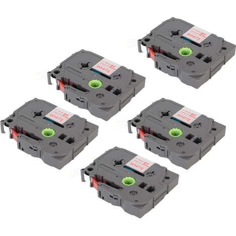 Lot de 5 rubans pour étiqueteuses 9 mm, laminés, imperméables, résistants à la décoloration, multi-usages, compatibles avec les étiqueteuses PT D210, PT D200, PT H110 et PT D400 (blanc sur rouge, BZE (1/5)