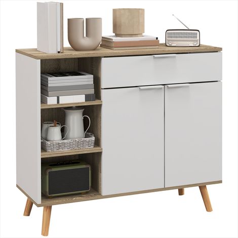 Buffet scandinave blanc 95x35x85 cm avec placard, tiroir et étagères ouvertes en panneaux de particules et pieds bois massif (1/5)