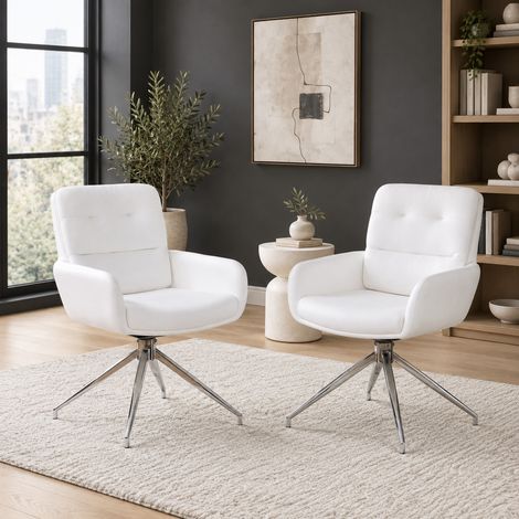 Sedia da pranzo girevole a 360°, set da 2, PU bianco, gambe in metallo argento HAVRYA (1/5)