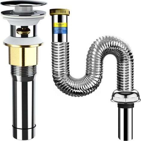 Ablaufset für Waschbecken, Waschbeckenablaufset mit Siphon und 800 mm langem, einziehbarem Edelstahl-Abflussrohr, insekten- und geruchsabweisend (Silber)