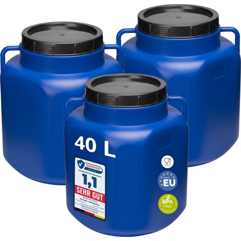 Garronda Lot de 3 fûts alimentaires carrés 40 L en HDPE sans BPA, à large ouverture avec couvercle, pour eau, aliments, choucroute et fermentation, bleu GD-0134
