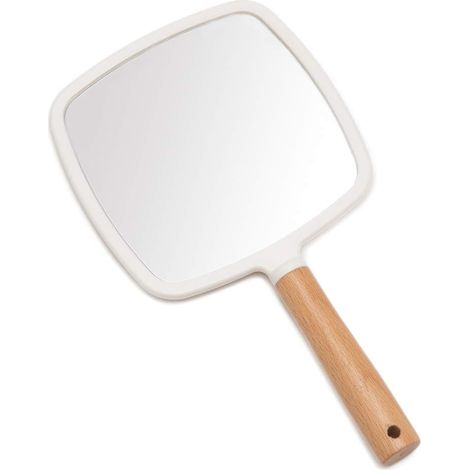 Miroir à main de maquillage avec poignée, mignon miroir de rasage à main en bois avec trou de suspension, miroir de voyage portatif simple face pour hommes et femmes (carré)