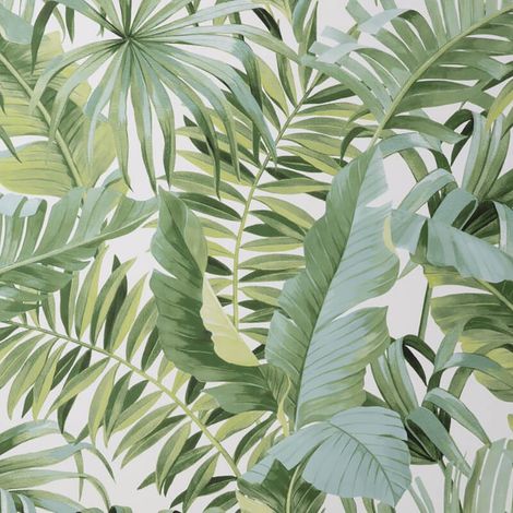 White Green Maui Leaf Wallpaper Fine Decor Tropical Jungle Palm Modern Natural