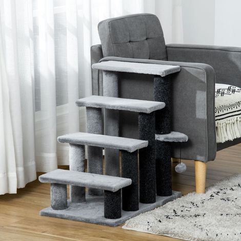 Scaletta per gatti 64 cm a 4 gradini con piattaforma e pallina, in juta e peluche, grigio OKMYHOME (1/5)