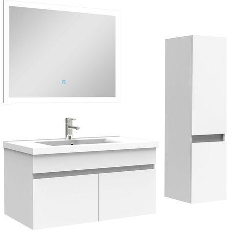 Ocean Ensemble meuble Salle de Bain 80cm avec vasque + colonne + miroir lumineux 3 couleurs blanc
