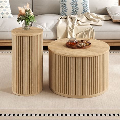 Mesa de centro redonda doble 60 x 60 x 38,5 cm + 30 x 30 x 56 cm en MDF natural OKMYHOME (1/5)