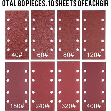 Confezione da 80 fogli di carta vetrata 93 x 185 mm - 8 fori - Grana 40/60/80/120/180/240/320/400 - Per levigatrici Bosch (1/4)