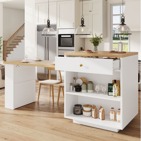 MODFU – Isola cucina allungabile 122,5-195,5 cm in MDF con 2 cassetti, portabottiglie e vani contenitore su due lati – Bianco (1/5)