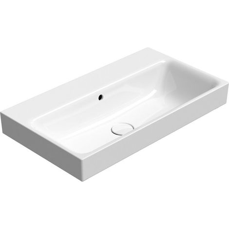 Lavabo en céramique NUBES 70x40cm, bord inférieur rainuré, sans trou pour robinetterie, blanc ExtraGlaze (1/3)