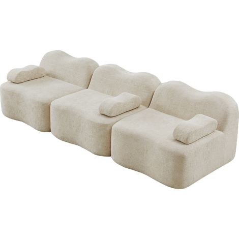 Canapé 3 places modulaire en velours beige, sans cadre, assise profonde et dossier ondulé, salon confortable et flexible pour petit espace CHICFURN (1/5)