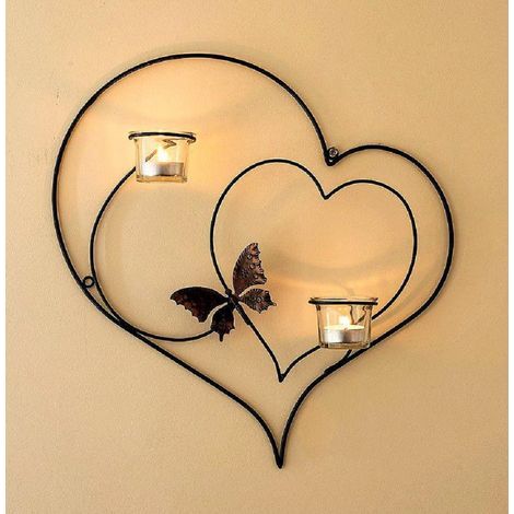 Bougeoir mural en métal noir 39 cm – Design cœur décoratif – Accueille 2 bougies chauffe-plat – Idéal pour décoration intérieure (1/5)
