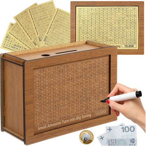 Salvadanaio in legno con carte sfida risparmio