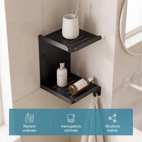 doporro Mensola Doccia Angolare in Acciaio al Carbonio, Antiruggine, Mensola Bagno da Appendere Adesiva o con Foratura per Shampoo Sapone Bagnoschiuma, Nero, Reglo-14