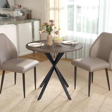 Table ronde repas 2 places, plateau effet bois et pieds croisés en métal acier, finition brun chêne, meuble salle à manger compact. (1/5)