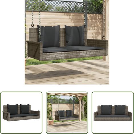 vidaXL Meuble extérieur - Balancelle avec coussins gris 119x56x48 cm résine tressée (1/5)