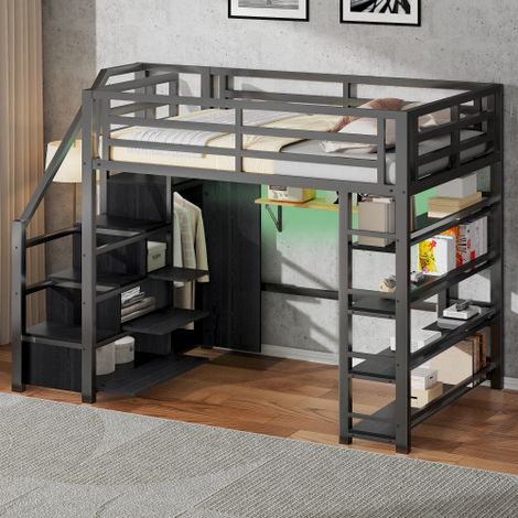 Lit mezzanine 140x200 cm - avec LED, étagères, armoire et escalier de rangement - en métal - noir