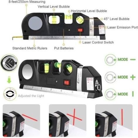 Niveau Laser Polyvalent 4 en 1 Laser Puissant Portable avec Niveau D'esprit Ruban à Mesurer, Souverain de Bande Standard et Métrique avec des Dirigeants Métriques de 8 Pieds / 2,5 M (1/4)
