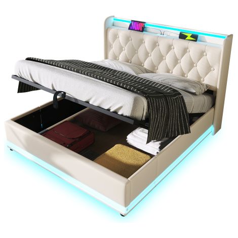 Polsterbett einzelbett, 360-Surround-LED-Funktion, Drucktaste/App/Fernbedienung, Material Hydraulisches Lagerbett, gepolstertes Kopfteil mit USB Typ-C Ladefunktion (Ohne Matratze)