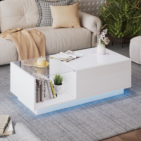 Table basse relevable - Laquée blanc - LED intégrée - Hauteur réglable - Rangement caché - 100x50x33-46.5cm (1/5)