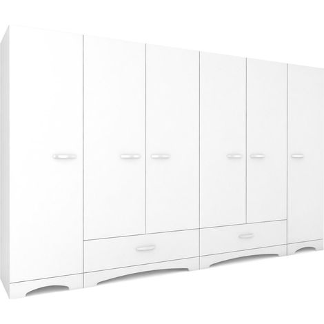 Großer Madruzzo Kleiderschrank, Schlafzimmer Schrank mit 10 Ablagen, Kleiderstangen, 2 Schubladen, 243x181h cm Weiß
