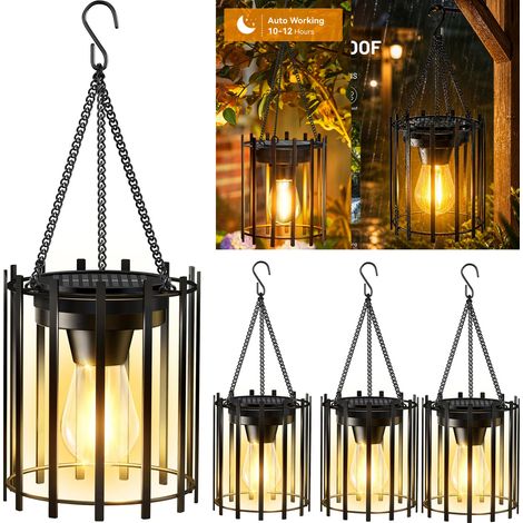 Lot de 4 lanternes solaires d'extérieur avec ampoules, suspensions solaires en métal, IP65, idéales pour les terrasses, vérandas et jardins, 3000K (1/5)