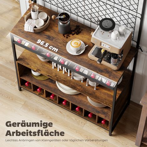 Étagère cuisine avec plan de travail, panneaux grillagés métalliques, 5 crochets, meuble de rangement pour épices, casseroles et poêles, marron (1/4)