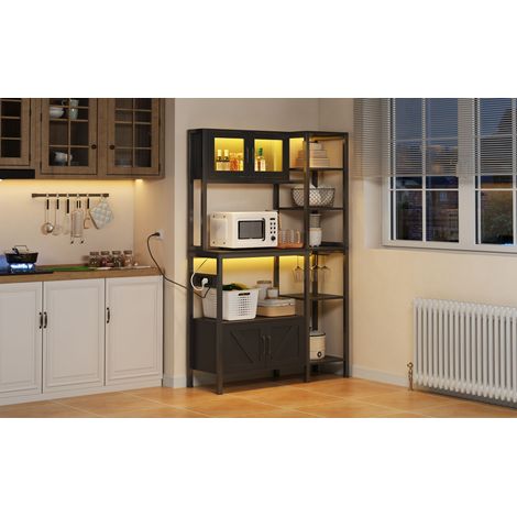 Comptoir de cuisine avec prise électrique et lumières LED. Comptoir de rangement pour les plats. Comptoir de cuisson à micro-ondes, avec fonction de stockage des aliments. Support pour le vin, dimensi (1/5)