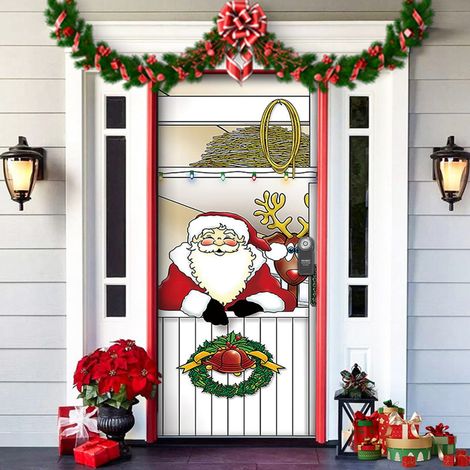 Tapisserie Porte Noël - Décoration Porte Fête - Motif Père Noël - 93 x 201 cm - 1 Pièce (1/5)