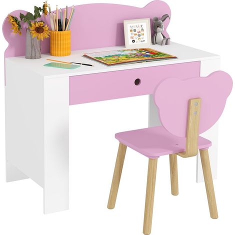 Kinderschreibtisch-Set mit Stuhl, Schreibtisch mit Schublade, bärenförmiger Rückenlehne, für Kinder von 3-8 Jahren, rosa (1/5)