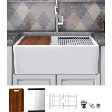 MEJE Fregadero estilo granja 76 x 50 x 25 cm, con escurridor y tabla de cortar