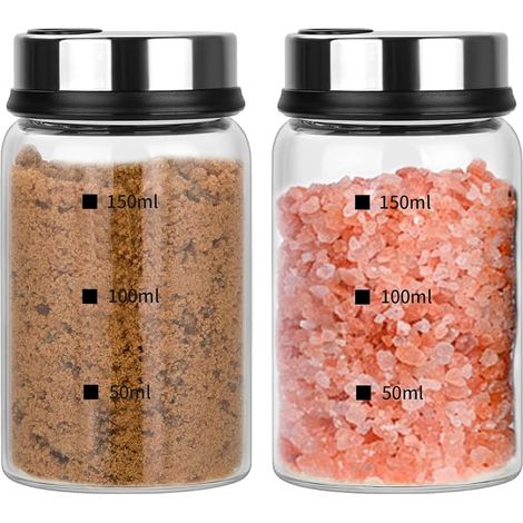 Tarros para especias de 2 piezas y 150 ml con tapas giratorias y 4 tipos de orificios de vertido ajustables, saleros y pimenteros de vidrio de borosilicato, tarros de almacenamiento para sales de coci (1/5)