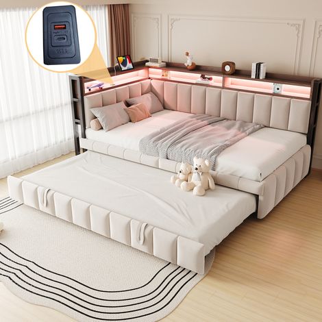 Divano letto estraibile 90x200 cm beige in velluto con LED, vani portaoggetti e porte USB/Type-C (1/5)
