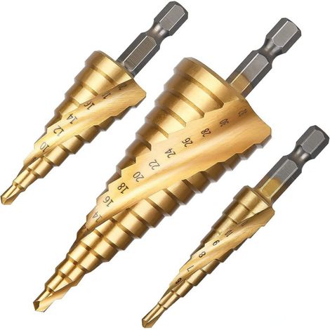 3PCS Foret Étagé Rainuré en Spirale, 4-12/20/32mm Fraise Meche Etage Metal Acier Rapide Revêtu de Titane HSS pour Percer dans Acier, Laiton, Bois