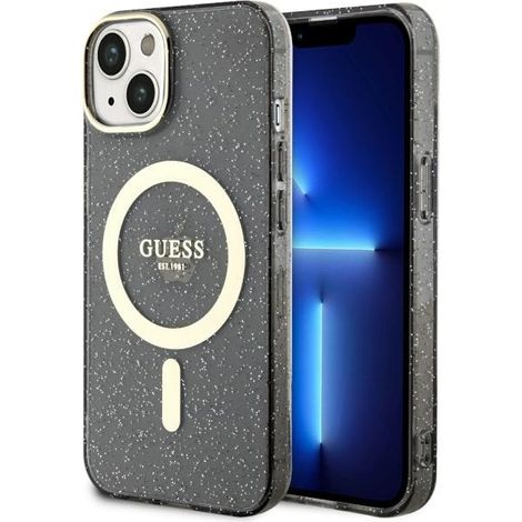 Funda rígida Guess GUHMP14MHCMCGK para iPhone 14 Plus/15 Plus de 6,7 pulgadas, color negro/negro, con purpurina dorada y MagSafe. (1/5)