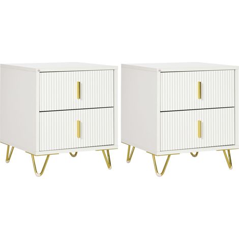 Conjunto de 2 mesitas de noche moderna mesillas de noche con 2 cajones y patas de metal carga 40 kg 40x40x47 cm blanco (1/5)