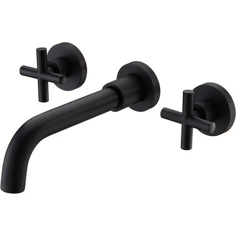 Black wall-mounted basin mixer tap with two handles, brass bathroom tap (1/4)