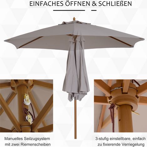 Parasol bambou Ø 250 cm à poulie, voile d’ombrage résistant au vent pour balcon, terrasse, jardin, plage, gris (1/4)