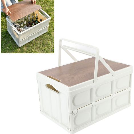 Boîte de rangement portable pour le camping, boîte de rangement avec couvercle en bois, organisateur de coffre de voiture, panier, boîte de pique-nique pliable, petit format. (1/5)