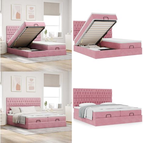 Cadre de lit ottoman avec matelas rose 160x200 cm velours - Matelas à ressorts ensachés - Sommier hydraulique (1/5)