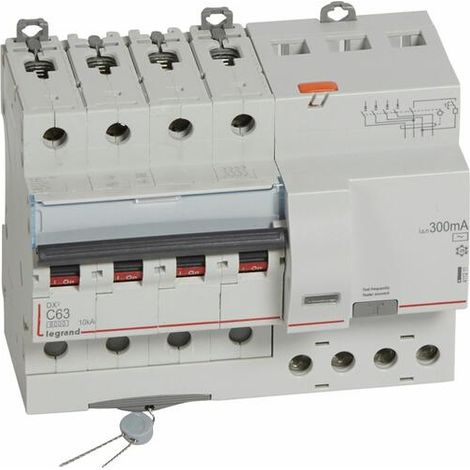 Disjoncteur différentiel monobloc DX³6000 10kA arrivée haute et départ bas à vis 4P 400V - 63A - typeAC 300mA - LEGRAND