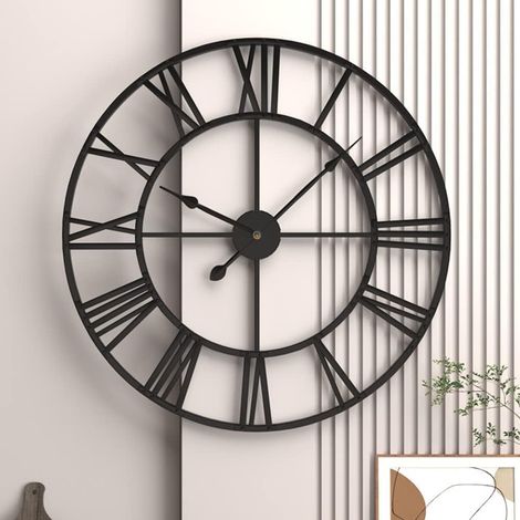 1 Horloge Murale, 50 cm Diamètre, Silencieuse sans Tic-Tac, Chiffres Romains, Métal, pour Salon Cuisine Chambre