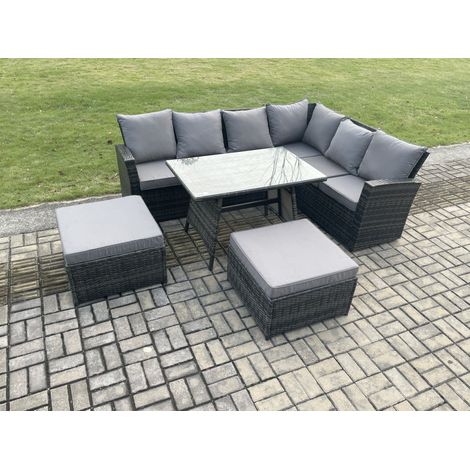 Fimous Ensemble de mobilier de jardin d'extérieur Table à manger rectangulaire avec  2 Grands Tabourets Gris foncé mélangé (1/5)