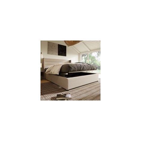 Lit coffre 160x200 cm Lit capitonné beige en lin Sommier à lattes Espace de rangement 204x25x159 cm (1/5)