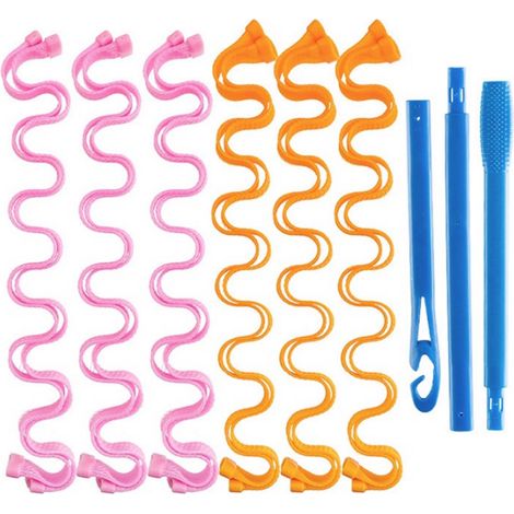Ensemble de fers à friser, boucleur magique DIY 12 pièces, crée des boucles ondulées et spirales sans chaleur, convient aux femmes, cheveux courts et mi-longs, couleur rose-orange, 50 cm. (1/5)