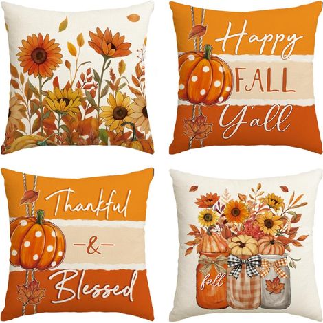 Fundas de almohada de 45 x 45 cm, juego de 4, con estampado de girasoles y cosecha otoñal, ideales para sofás, bancos y salones de estilo rústico. (1/5)